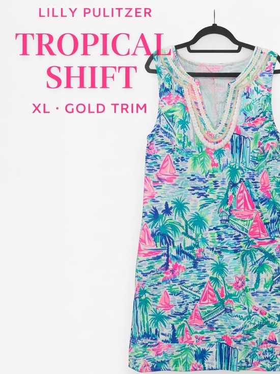 Lilly Pulitzer Dresses & Skirts - Lilly Pulitzer XL Tropical Shift Dress Gold Trim V-Neck